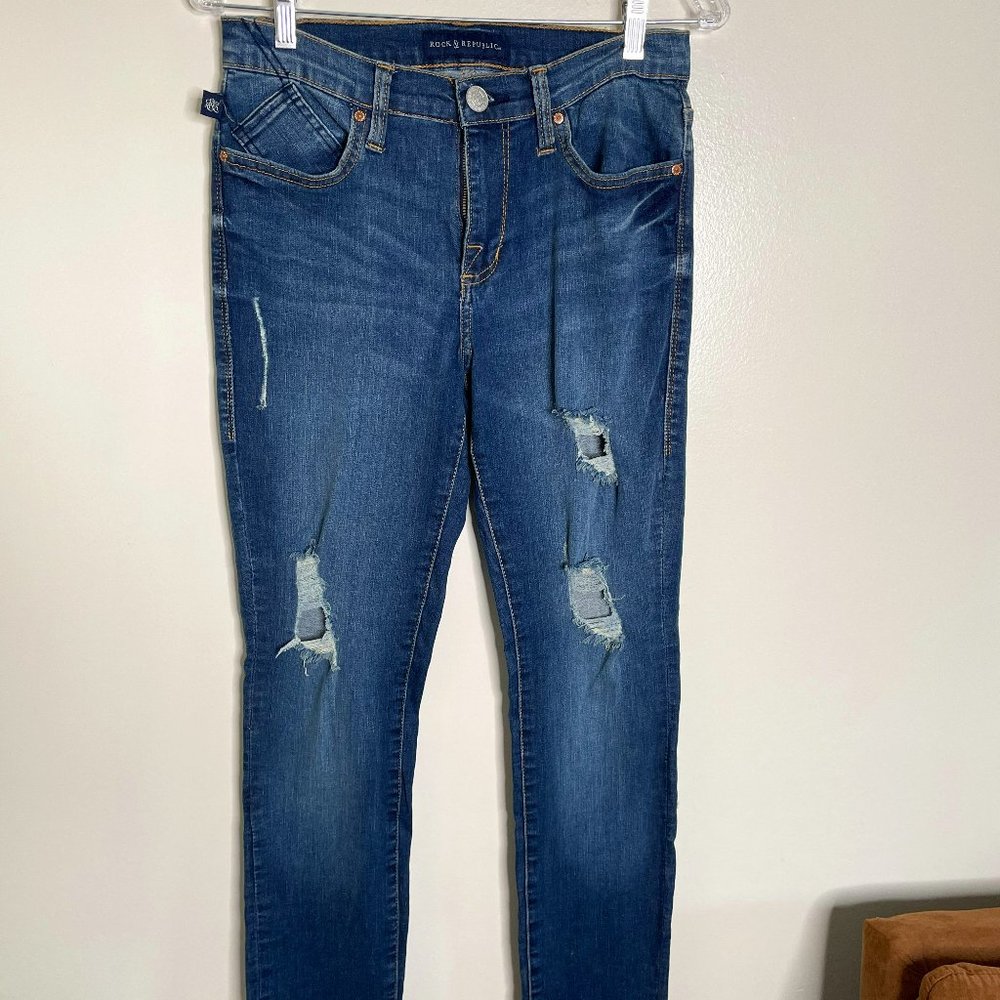 Rock & Republic Berlin Mid-Rise Distressed Straight Leg Jeans Size 8 M